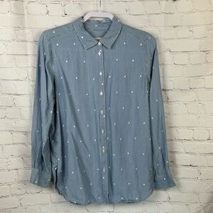 Loft Embroidered Dot Striped Button Up Chambray Shirt Blouse Blue White Medium